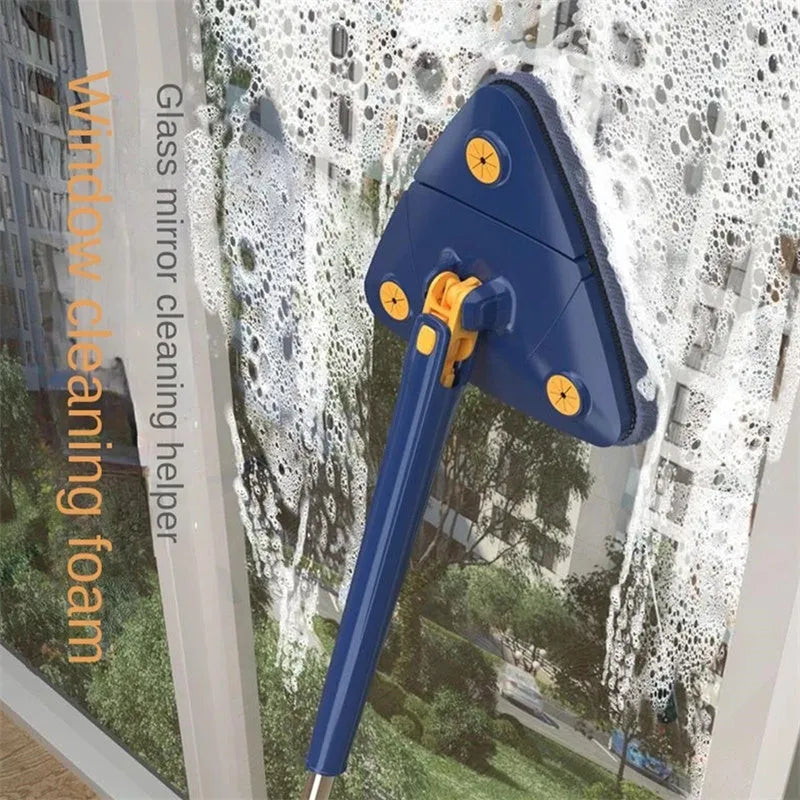 Blue triangle mop with rotating head on an extendable stainless steel pole for cleaning floors and walls.