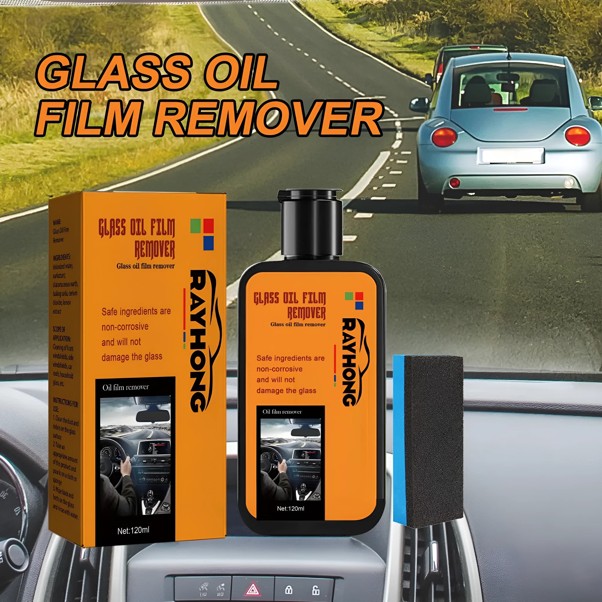 120ml bottle of car window glass oil film remover spray with a cleaning sponge