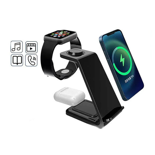 Black 3-in-1 upright wireless charging stand holding a mobile phone vertically on a desk.