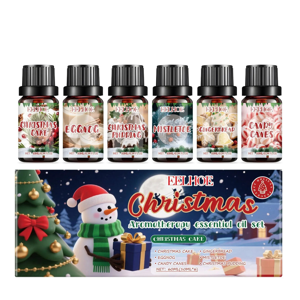 Christmas aromatherapy oil diffuser set showing six 10ml bottles with reed sticks