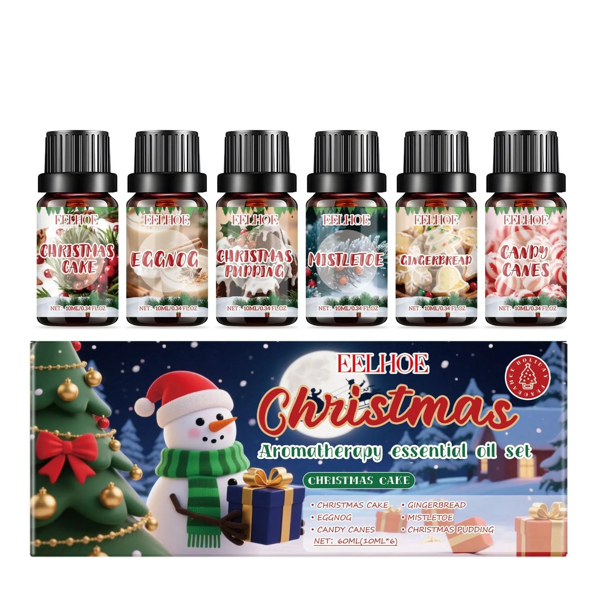 Christmas aromatherapy oil diffuser set showing six 10ml bottles with reed sticks