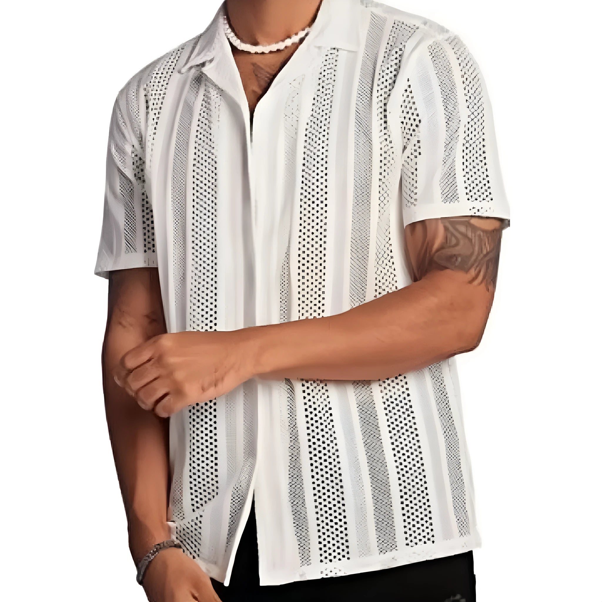 Men's black knitted short-sleeved button cardigan shirt with jacquard texture