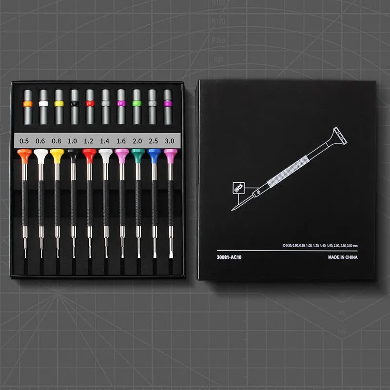 Watch and glasses repair tool kit with 10 screwdrivers and 20 spare drill bits in box