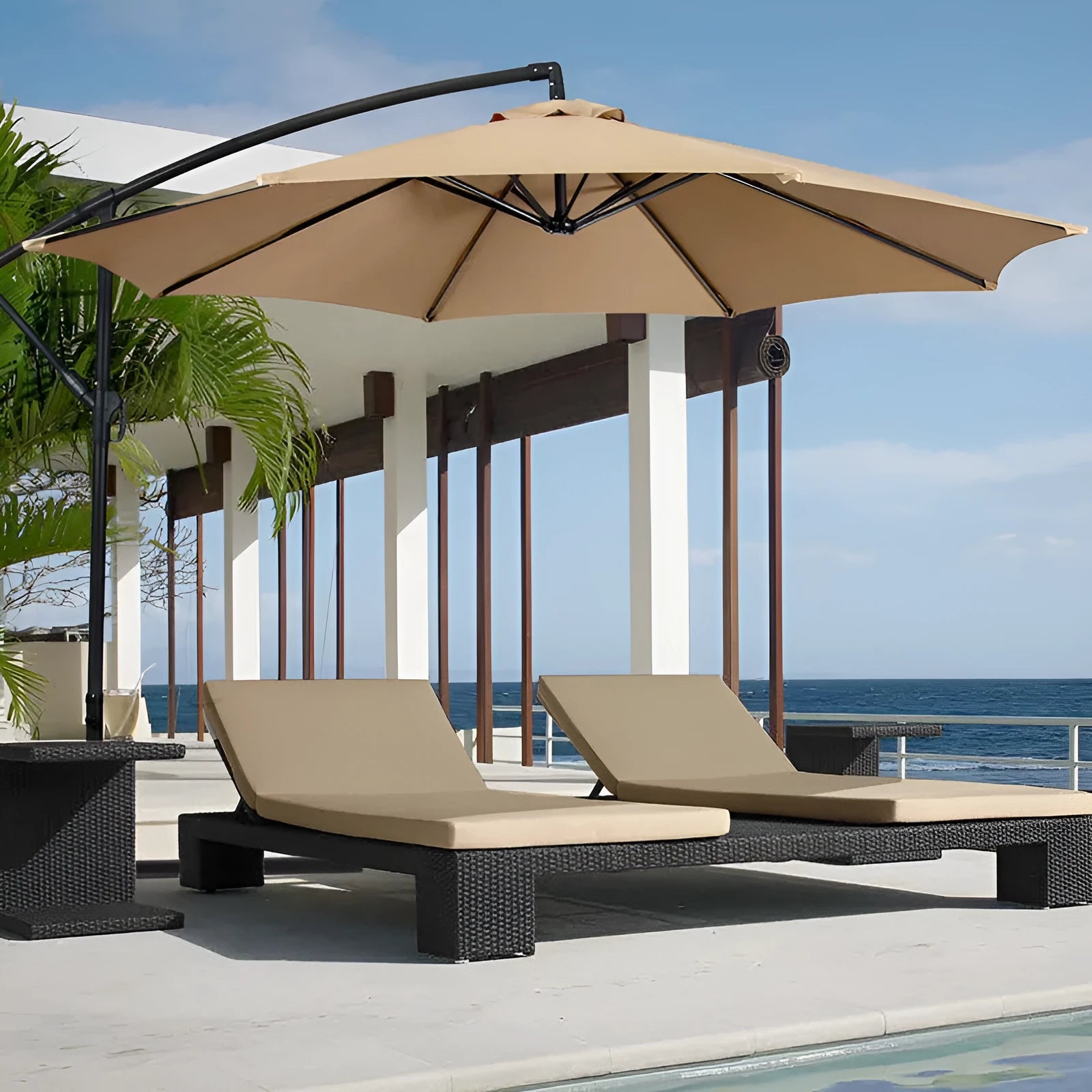 Long handle outdoor umbrella in beige, 2.7m diameter, manual open and folding, rainproof and sun protection