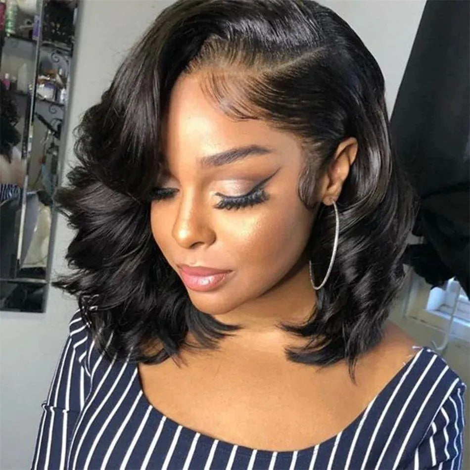 Black short curly wig with transparent lace forehead, high temperature fibre, available in 8 to 16 inch lengths