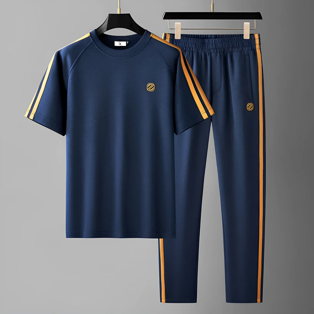 Men's blue ice silk short sleeve suit set with sports styling