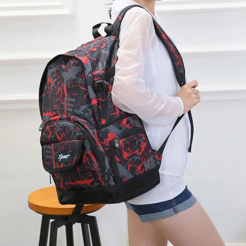 Blue and red classic nylon backpacks showing large capacity design for travel and school use