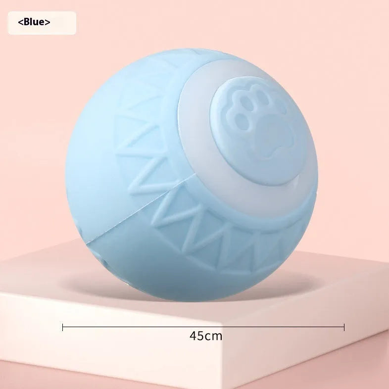 Automatic moving cat toy ball with silicone construction in blue and pink colour options