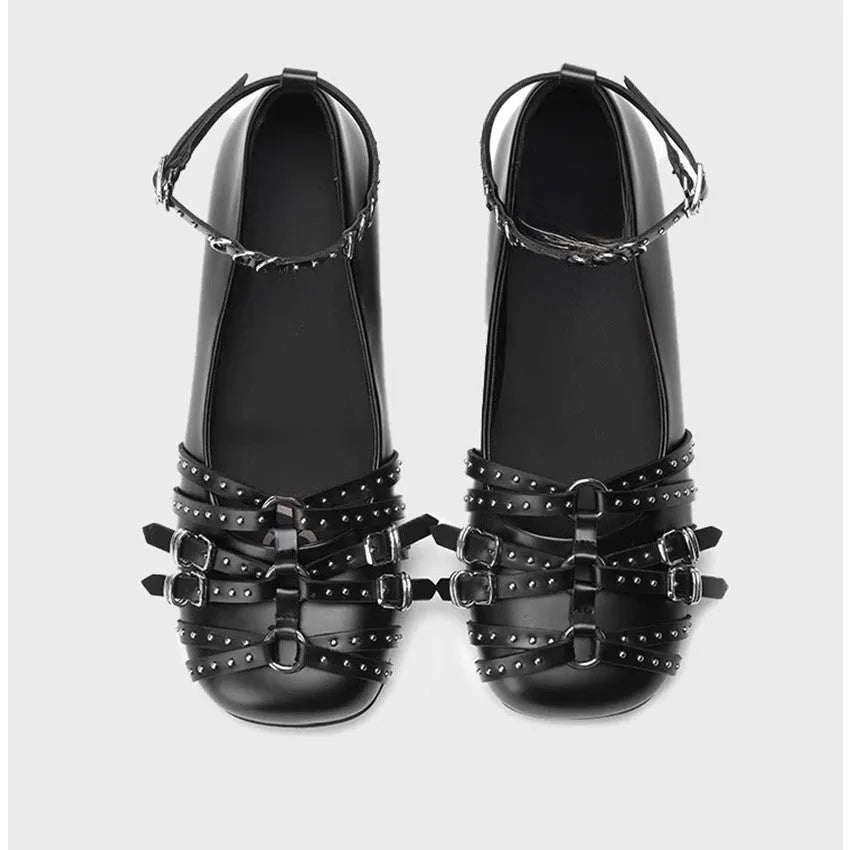 Women's black genuine leather retro flats with buckle closure and square toe design