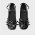 Women's black genuine leather retro flats with buckle closure and square toe design