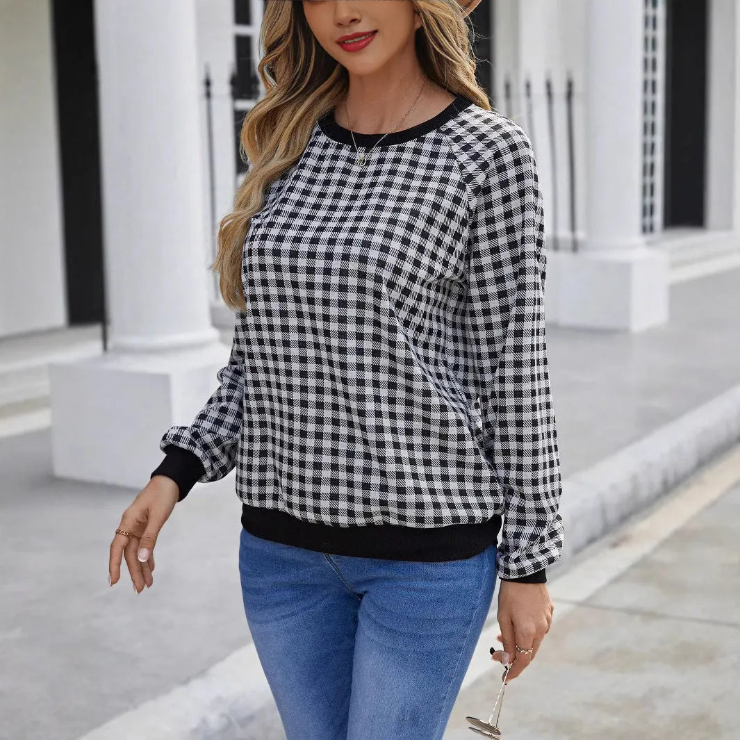 Black Japanese plaid pattern long sleeve pullover sweater with printed details