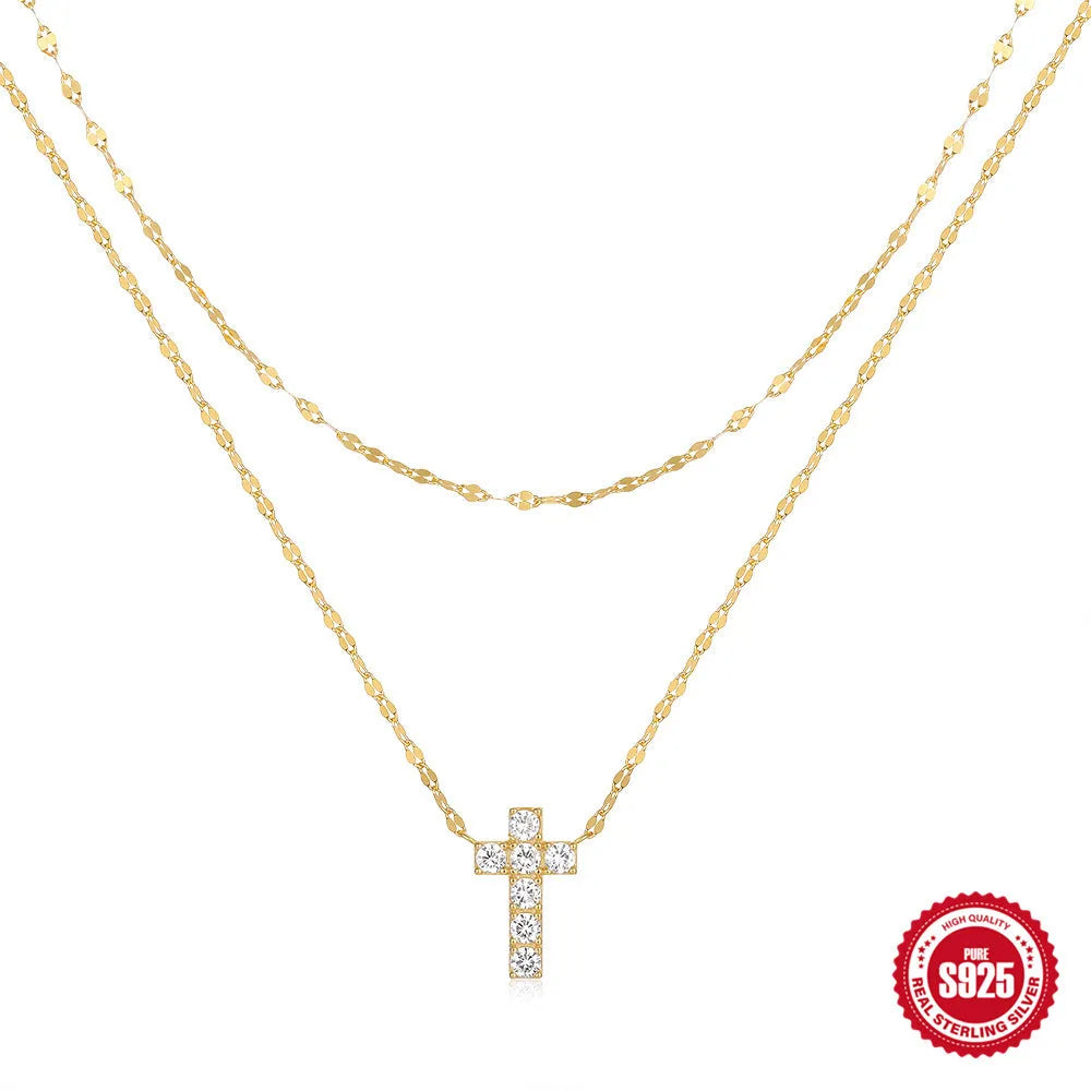 S925 sterling silver double layer twin diamond cross pendant necklace with clavicle chain.