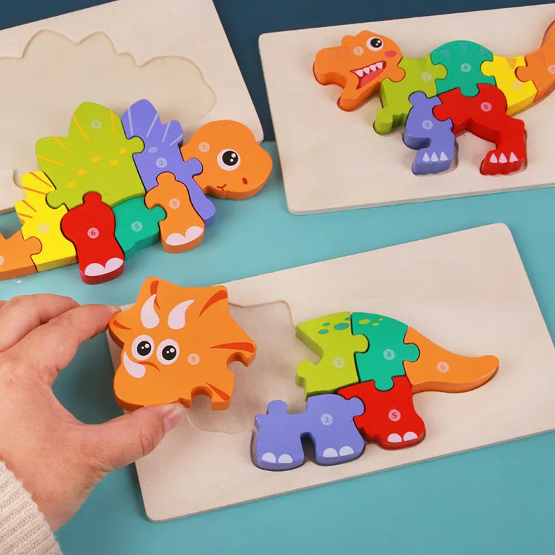 Wooden dinosaur 3D puzzle set showing six prehistoric designs for children aged 4-6