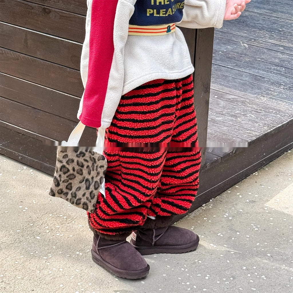 Children's unisex fleece-lined high-waist harem pants in creamy blue stripes with elastic waistband for winter