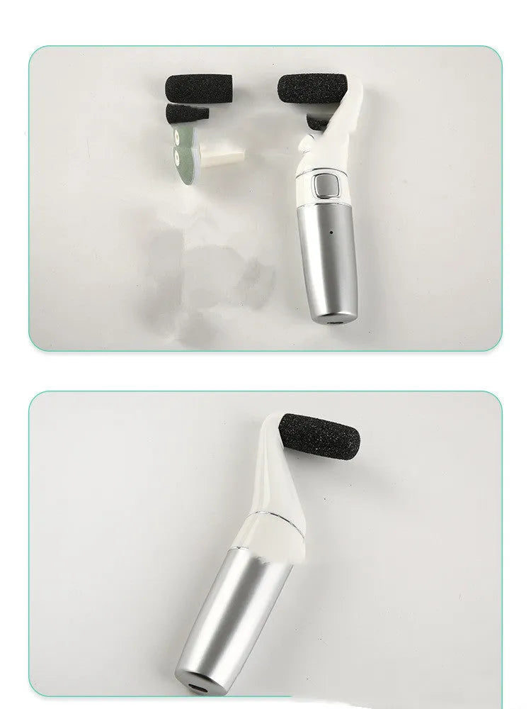 USB rechargeable electric foot file with three replacement rollers for callus and nail care, silver white ABS body on a clean surface