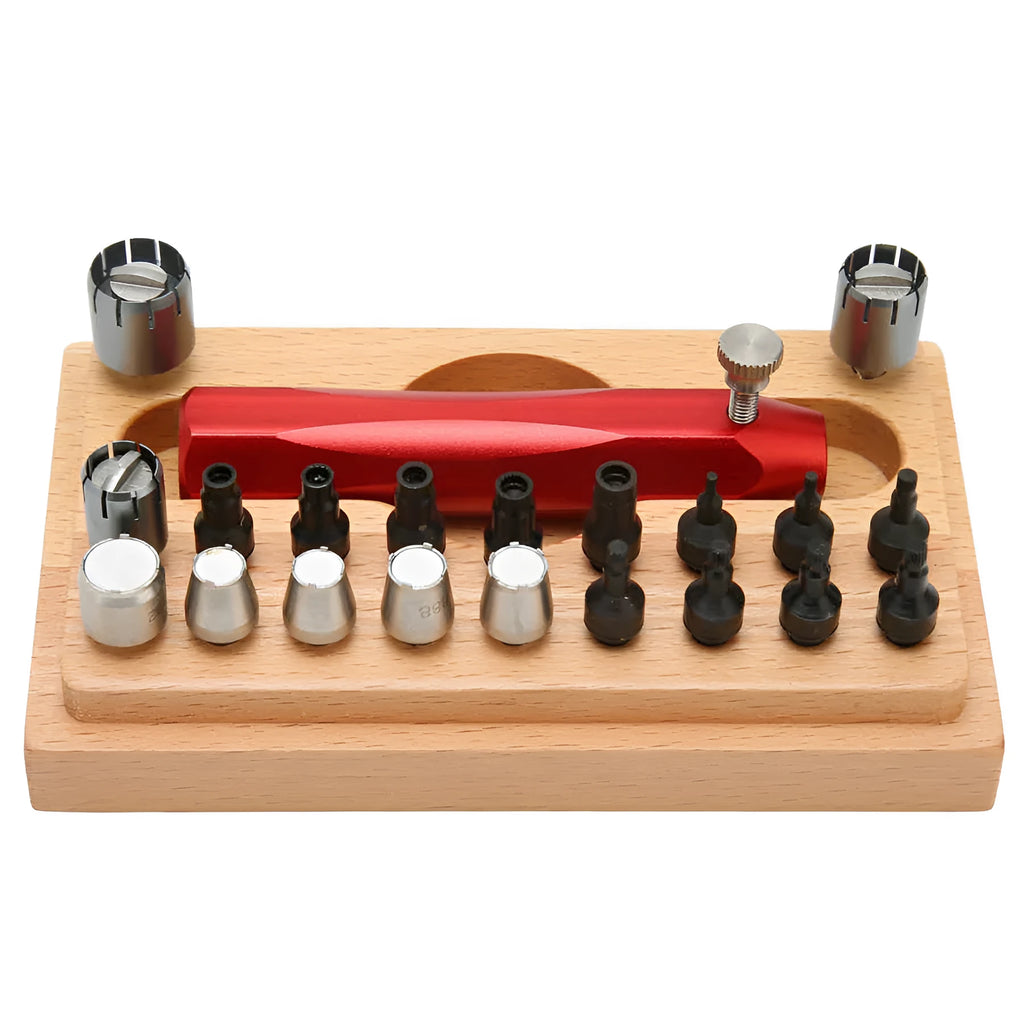 20-piece steel watch repair tool set with barrel-opening extracting tubes for watch case maintenance