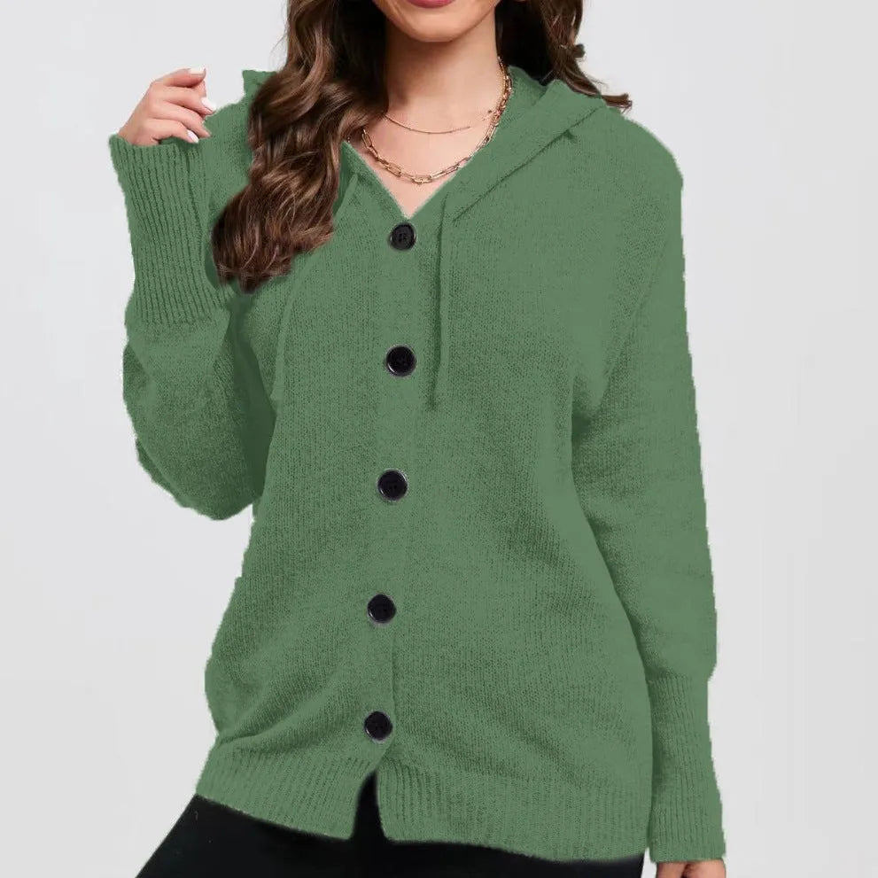 Women's thick cotton hooded cardigan sweater in army green colour showing loose fit and single-breasted design