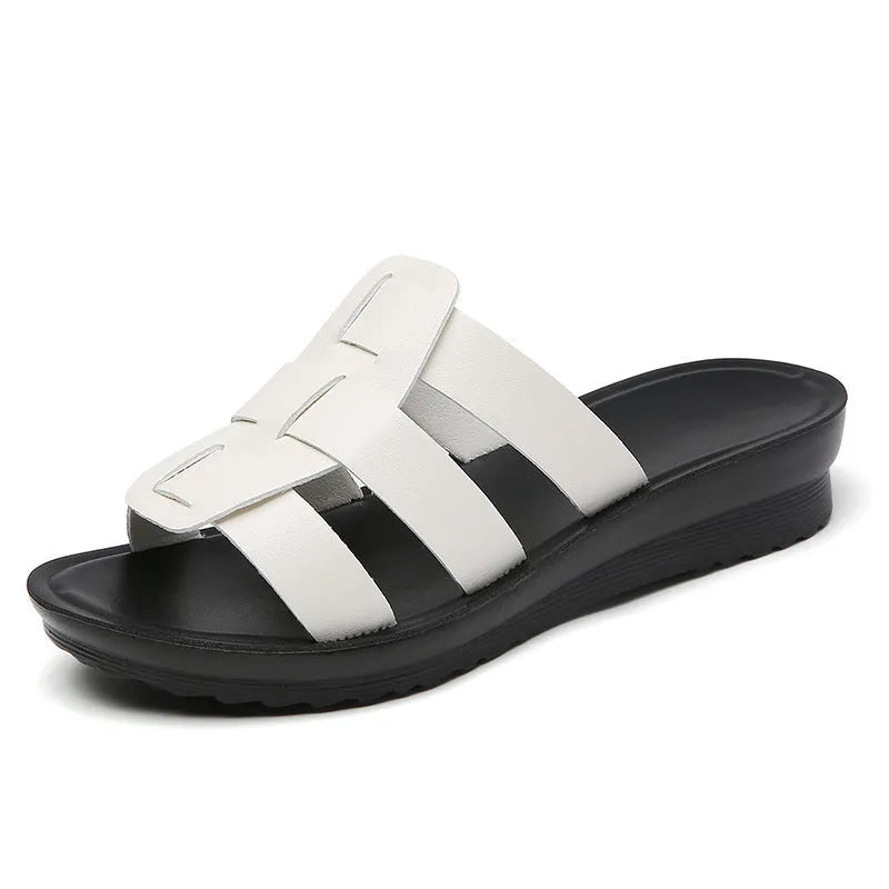 Women's beige flat bottom slippers with viscose uppers and soft soles