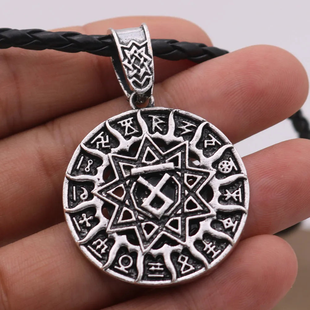Lunavin ODing logo pendant necklace on an adjustable chain, showing antique silver and bronze finish options with snake bones and leather rope styles.