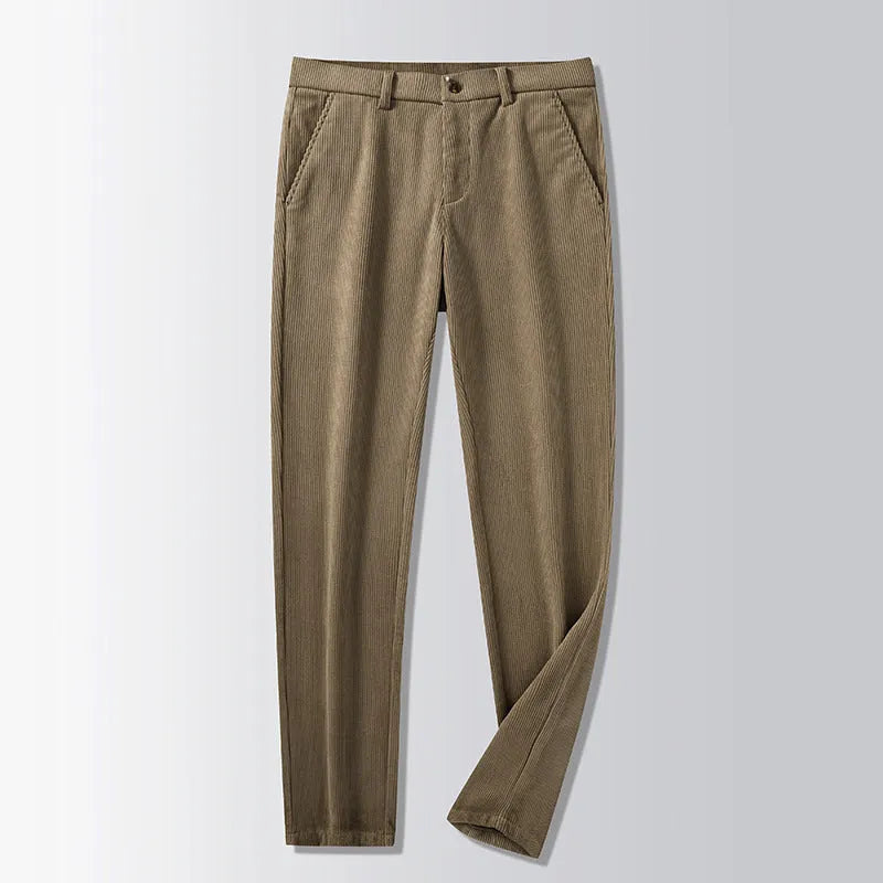 Men's British retro-style long straight striped pants in a chemical fibre blend, shown with a zip fly.
