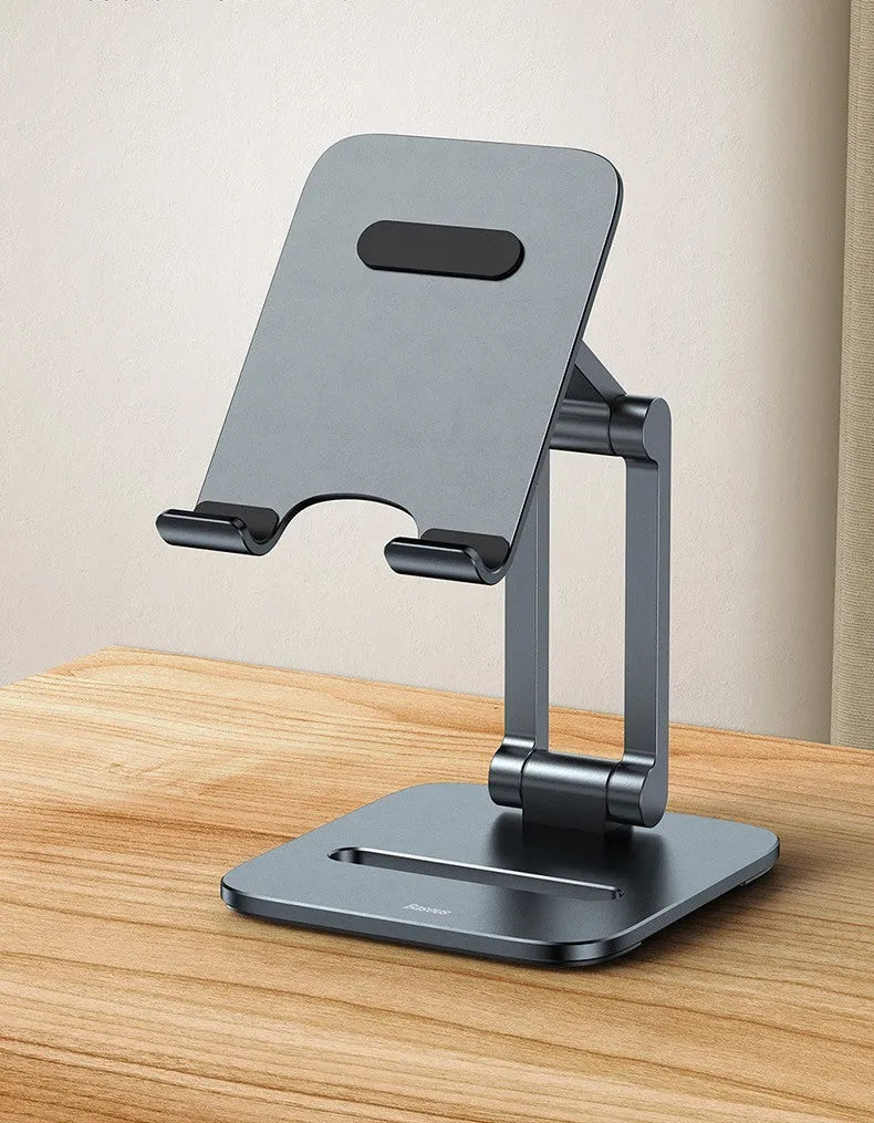 Deep space grey aluminium alloy folding stand holding a tablet and mobile phone separately