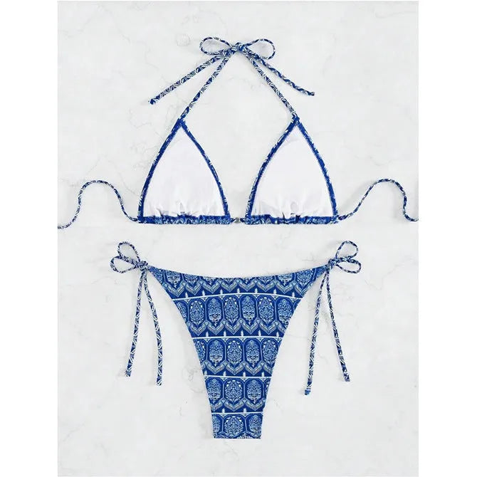 Women's bandage swimsuit with split bikini printing and stitching details in polyester fabric