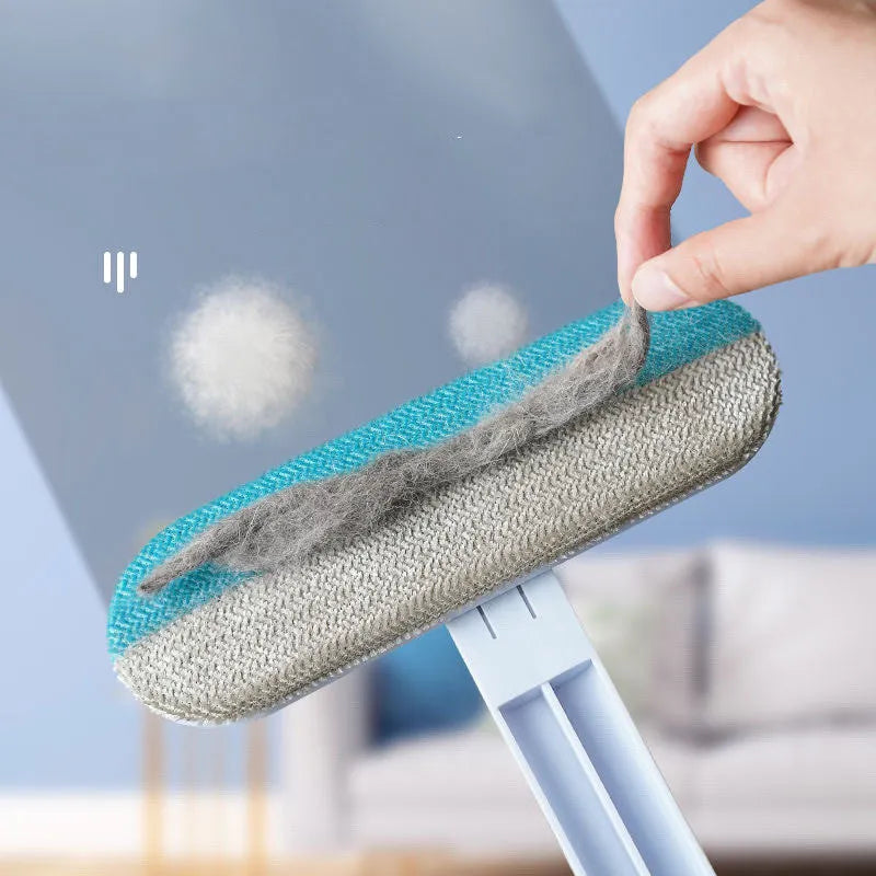4-in-1 multifunctional hair removal brush with flannel surface and detachable handle for cleaning pet hair from screens and upholstery