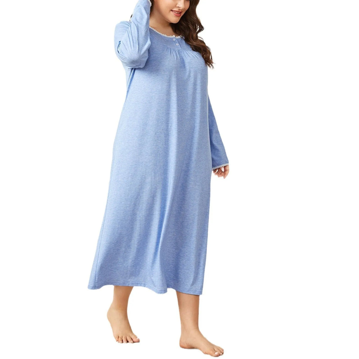 Women's light blue lace stitching pleated long-sleeved nightdress in plus size 1XL to 4XL