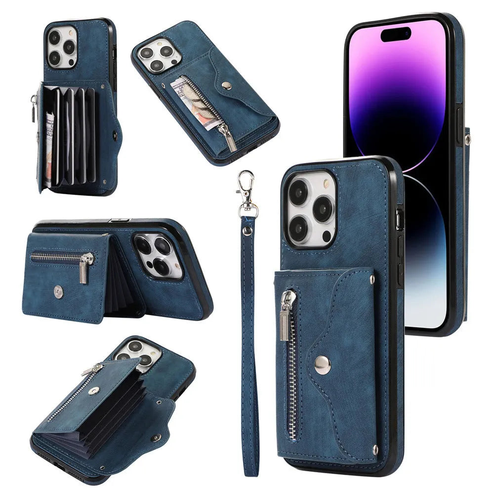 Blue polyurethane phone case with crossbody rope and built-in bracket for iPhone