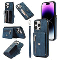 Blue polyurethane phone case with crossbody rope and built-in bracket for iPhone