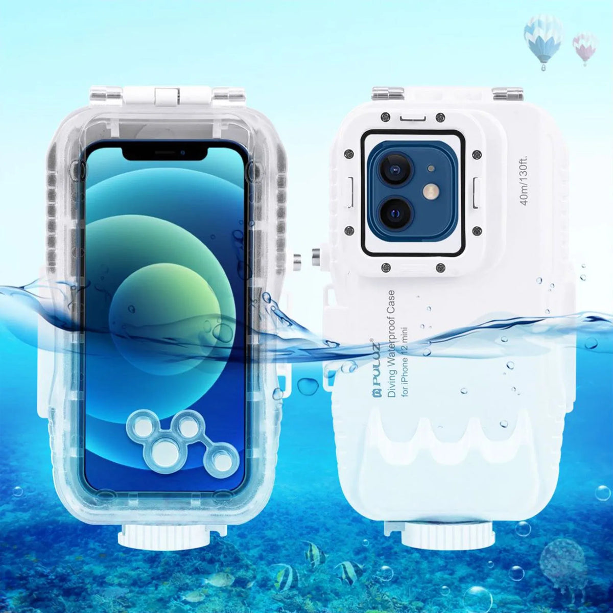 White waterproof diving case for iPhone 12 and 13 series, 40m depth, ABS and PC, clear glass front, rotating cover.