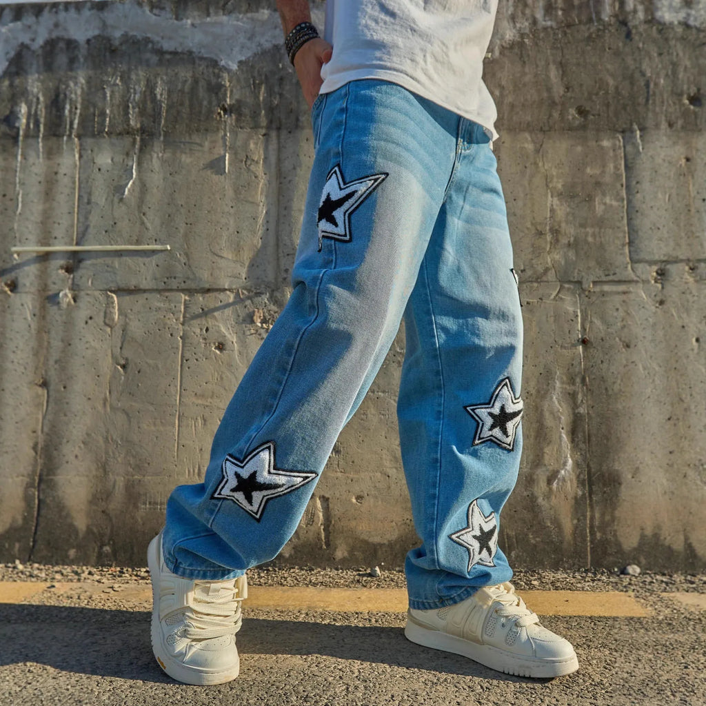 Men's loose straight casual cotton denim jeans in washed blue, mid waist with zip fly, sizes XS-XXL