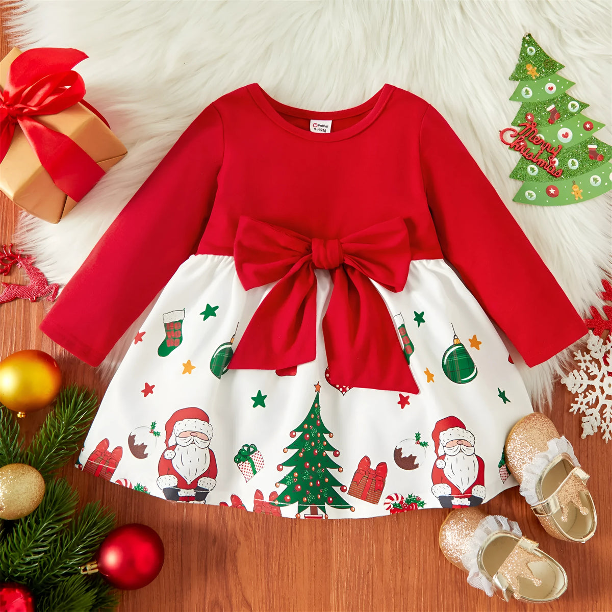 Red Christmas baby dress with cake skirt in artificial coloured cotton for girls