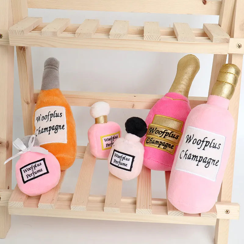 Plush wine bottle shaped pet toy for dogs and cats in multiple colours