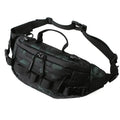 Camouflage waterproof lure waist bag with film leather exterior and polyester lining, unisex striped pattern, three colour options.