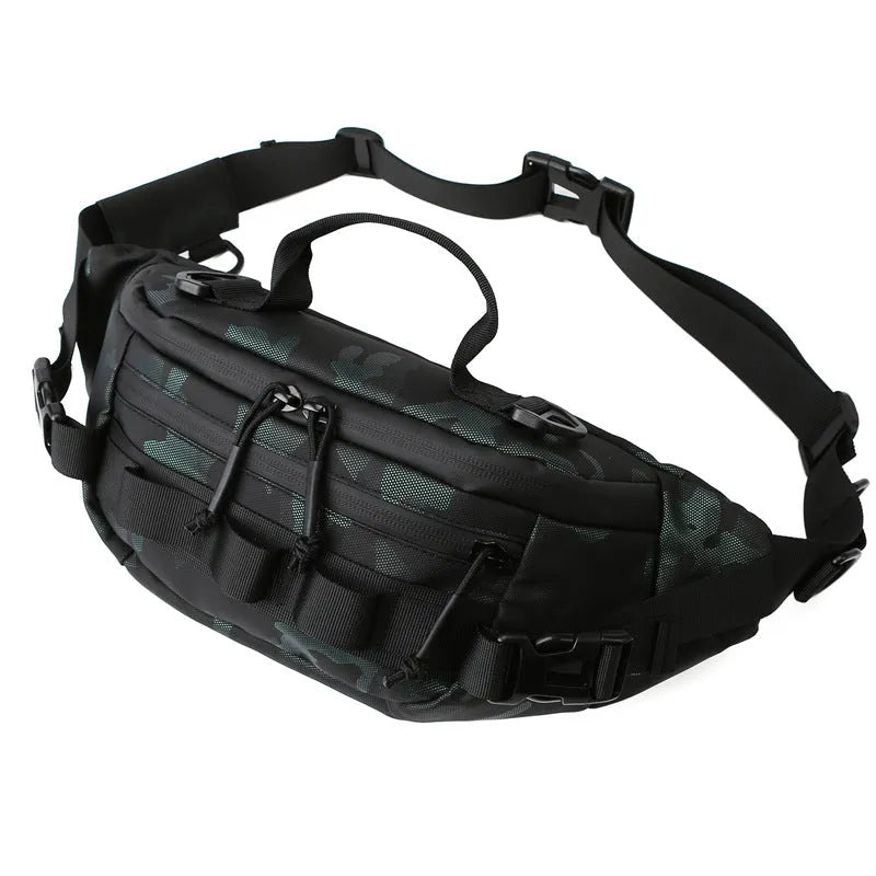 Camouflage waterproof lure waist bag with film leather exterior and polyester lining, unisex striped pattern, three colour options.