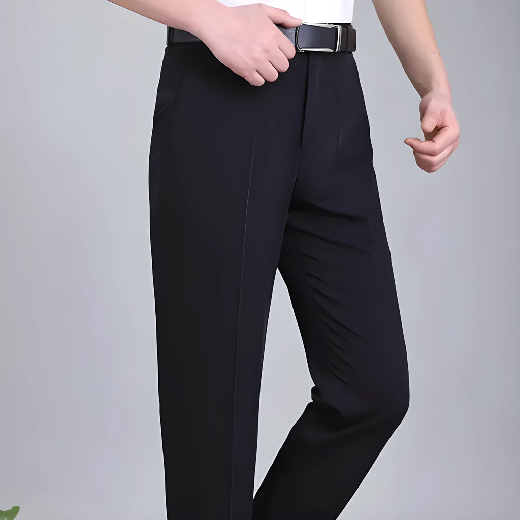 Man's straight-leg high-waisted business trousers in a mulberry silk blend fabric.