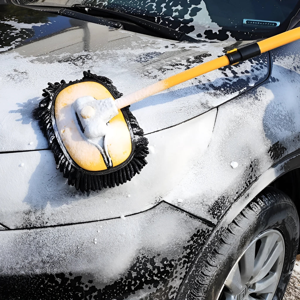 Telescopic curved rod car cleaning brush with aluminium chenille head in yellow and blue colour options