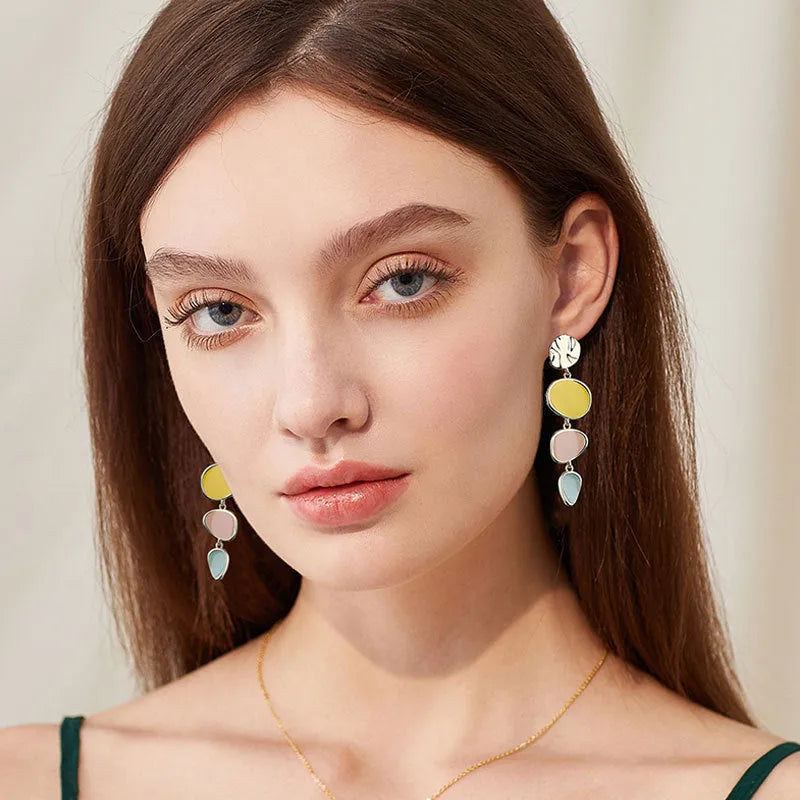 Morandi three-colour oil drip wafer earrings with sterling silver posts on alloy disc