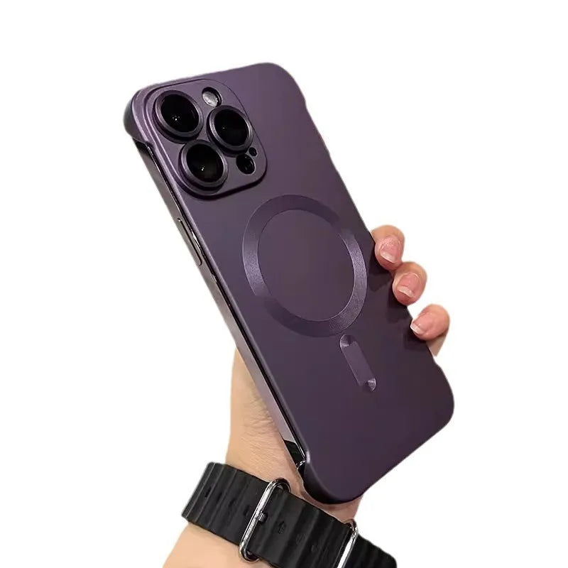 Ultra-thin frameless magnetic phone case for iPhone 15, black frosted PC finish