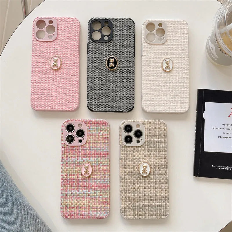 Woven bear flannelette phone case for iPhone in colourful pink with cute Japanese Korean cartoon design