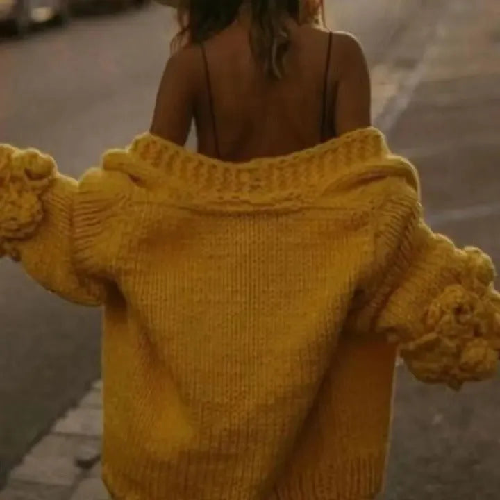 Long sleeve women's cardigan with petal flower sleeves, coarse knit, trueran fabric, available in 5 colours