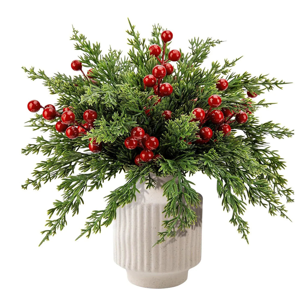 45 piece plastic artificial pine cypress branches and red berries set for home decoration