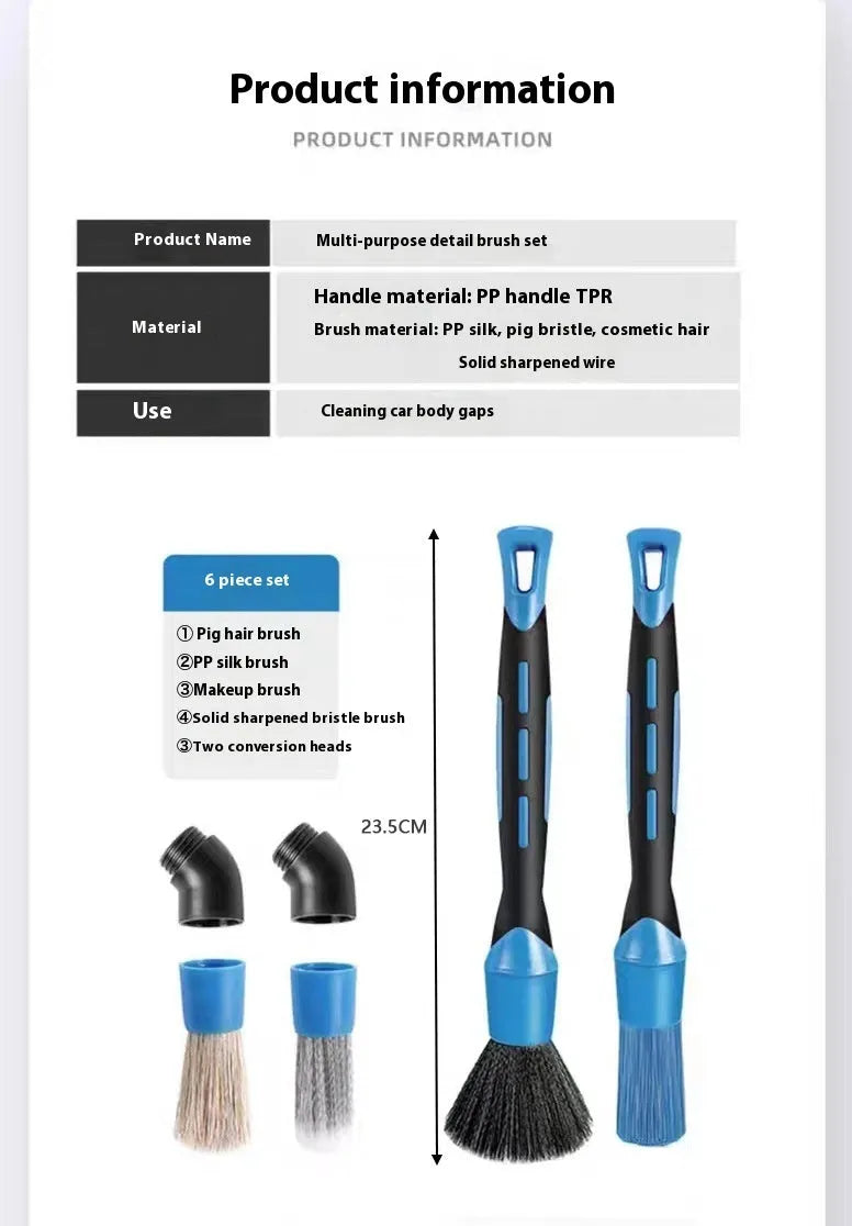 Blue detachable car wash brush set with four brush heads, two handles, and two elbows for hub gap cleaning