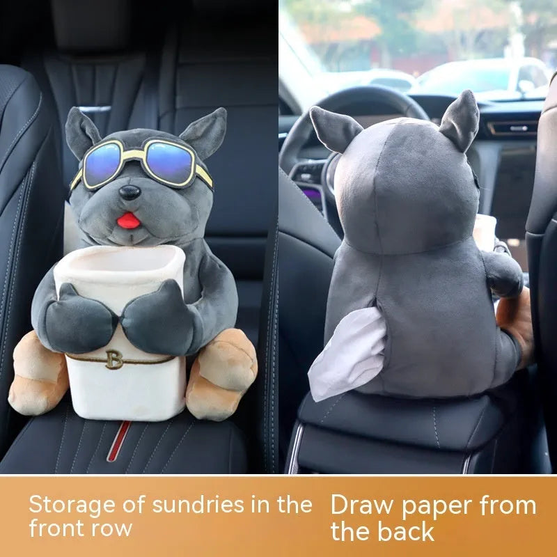 Plush fabric car tissue box hanging from vehicle armrest with dog-themed design options