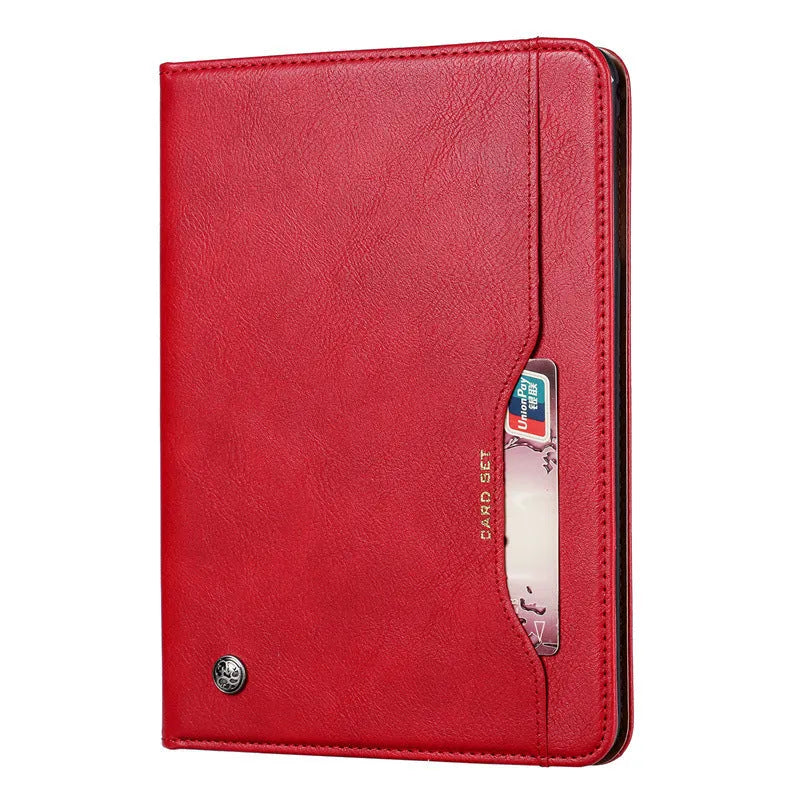 Classic black imitation leather flip cover for an Apple iPad, shown in a business style.