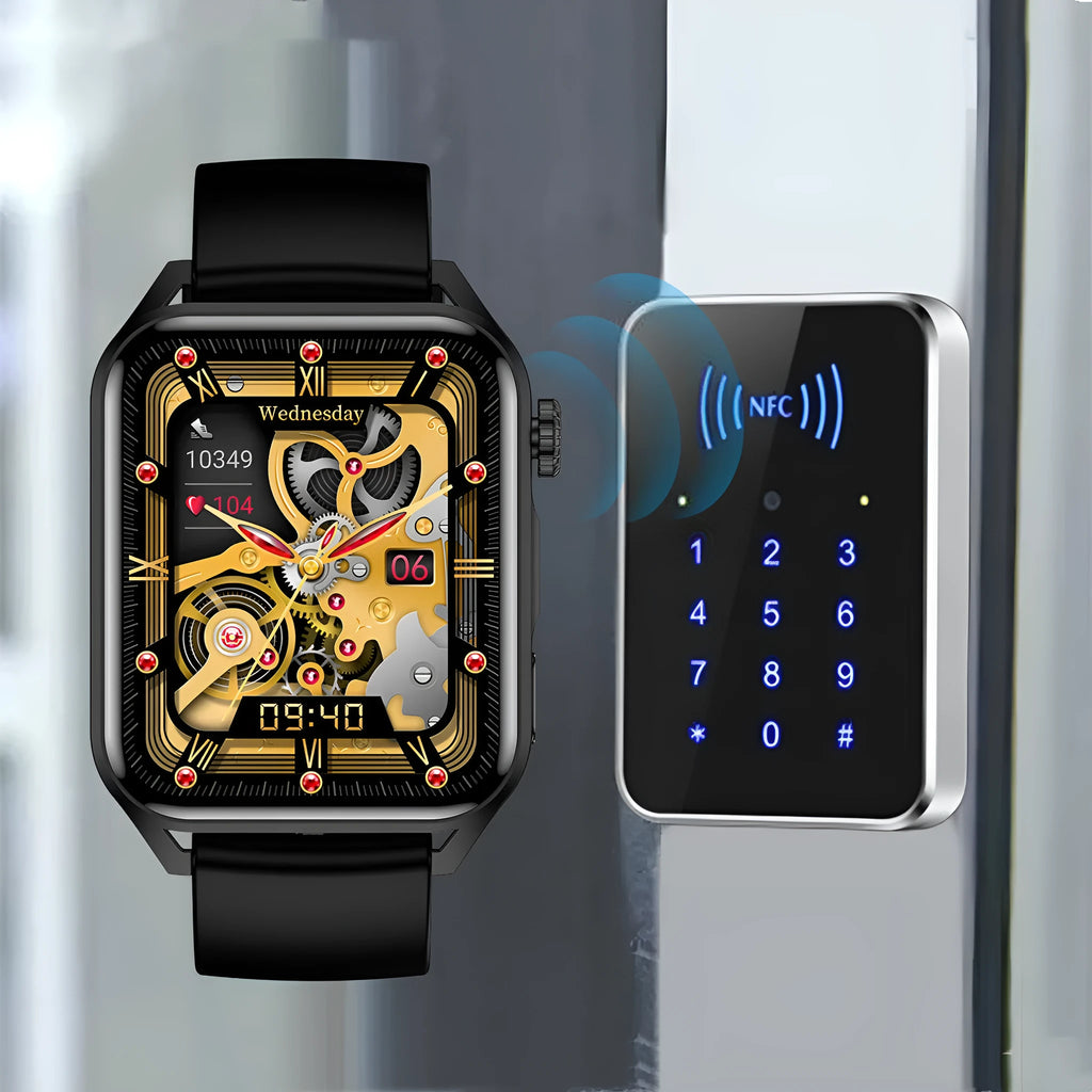 Pink smart watch with 1.8-inch AMOLED screen on a silicone strap, showing a multi-dial interface.