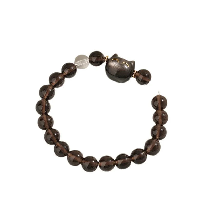 Women's natural opal cat head bracelet with Ice Stone finish and 8mm bead on silver tone chain