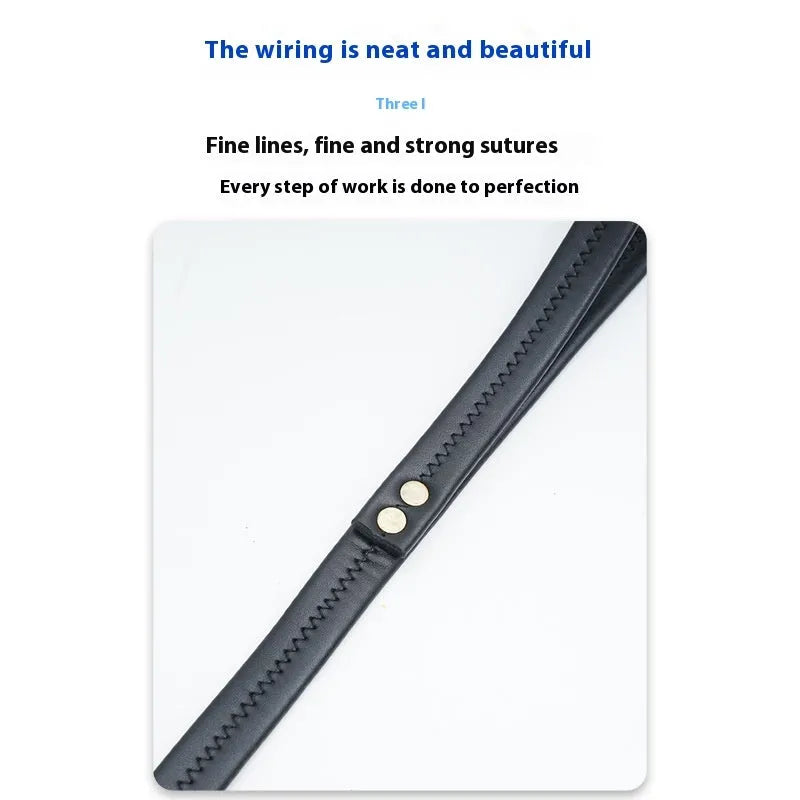 Roran black PU leather pet traction belt with chain ring showing adjustable length options