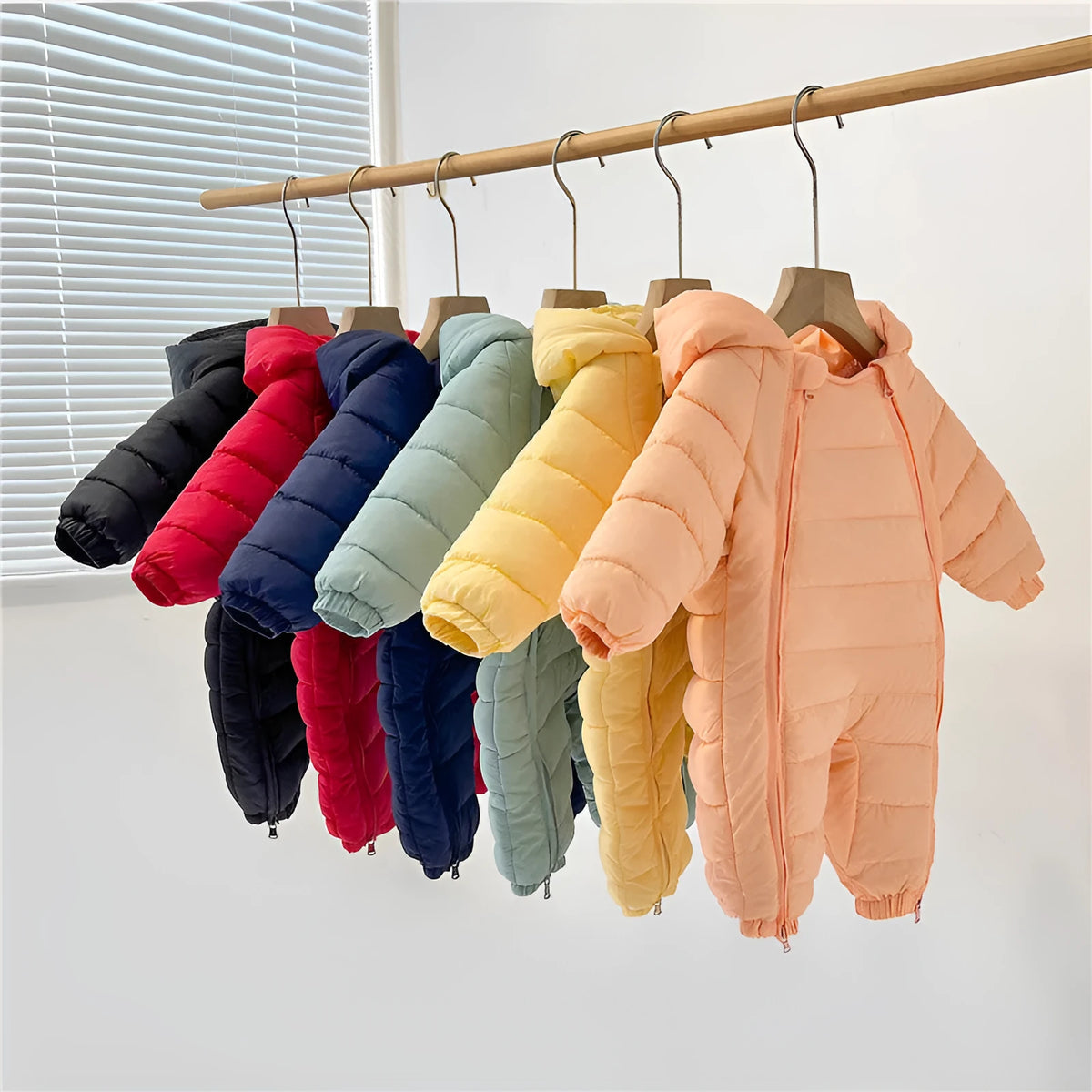 Cotton hooded zip-up baby romper in red, green, yellow, black, navy blue, or orange, sizes 70cm to 100cm